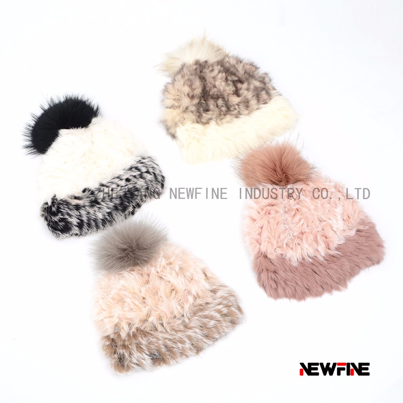 兔毛手工編織貉子毛球女士編織帽